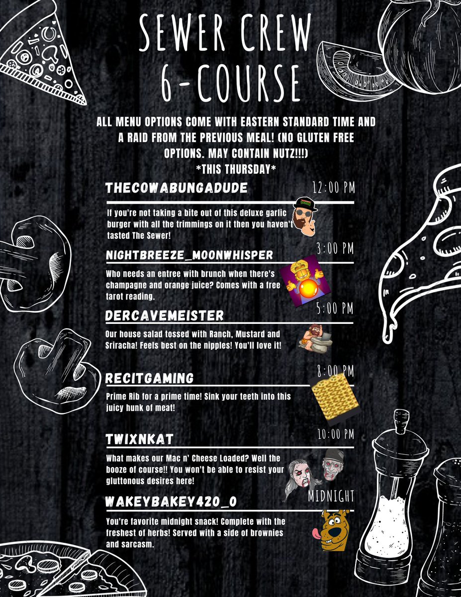 TWIXnKAT's tweet photo. Get ready for the Sewer Crew Six Course, I hope you're hungry! Thursday Oct. 7th! https://t.co/9IyaWPTXZD #twitchstreamer #TwitchAffilate #twitch https://t.co/zJyYOp3zrt