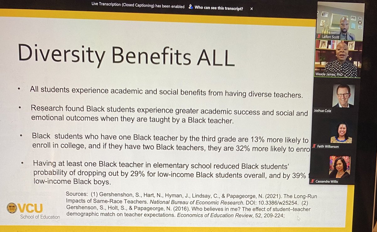 “Having one Black teacher in elementary school reduced Black student drop out by 29%” ⁦@VCUMERREC⁩ #educatordiversity #vcusoe