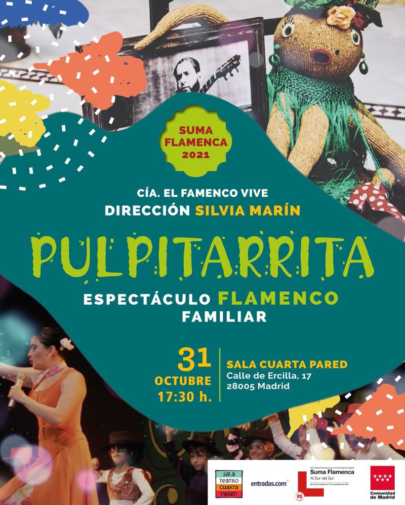 ¡¡¡PULPITARRITA ESTÁ DE VUELTA!!!
Ven a bailar, cantar y divertirte con Pulpitarrita este Domingo 31 de octubre. 
¡El Flamenco vuelve a unirnos, familia!
entradas.com/event/pulpitar…
#flamenco_para_niños  #el_flamenco_vive #PULPITARRITA #planesconniños #niñosfelices #misniños