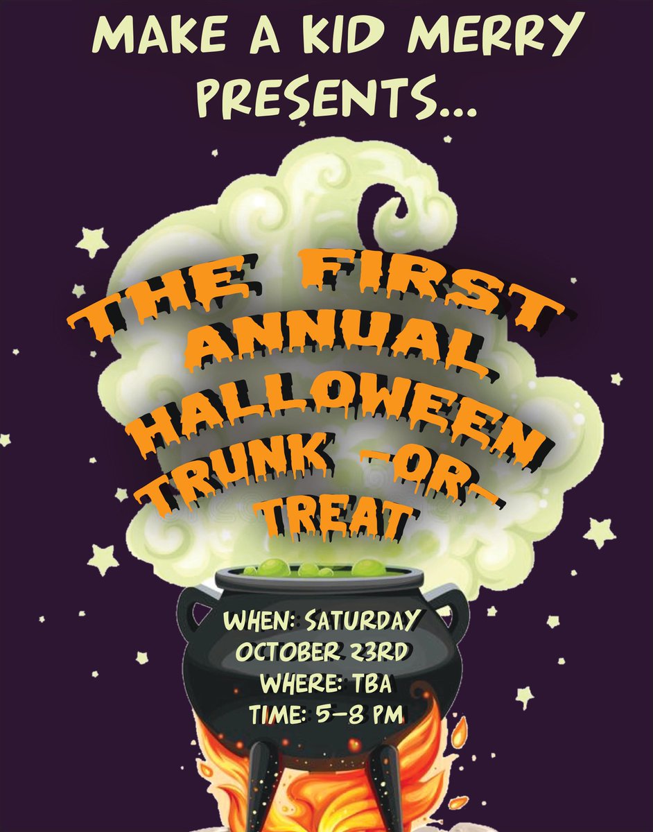 makeakidmerry's tweet photo. 🥁 DRUM ROLL PLEASE! 🥁 Your friends at Make A Kid Merry are so excited to announce our first annual Make a Kid Spooky Trunk or Treat! 🎃This fun filled event will take place on Saturday October, 23rd from 5-8 pm at a location that is soon to be announced. If you’d like (1/2) https://t.co/lY80AnUlXt
