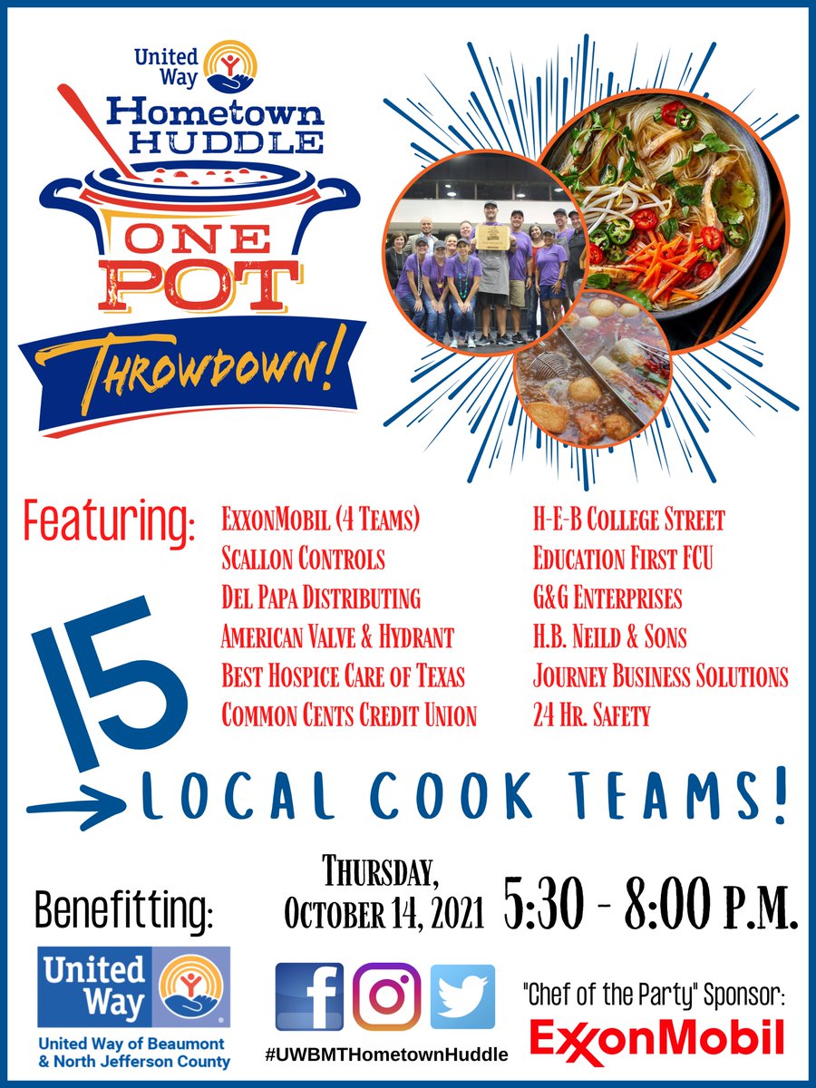 UnitedWayBMT's tweet photo. We are excited to finally announce our cook teams for next Thursday's #UWBMTHometownHuddle! Make plans to join us. Tickets will be $35 at the door. See you there! 👨‍🍳👩‍🍳💙🧡❤️ https://t.co/FMhPr3Xp7a
