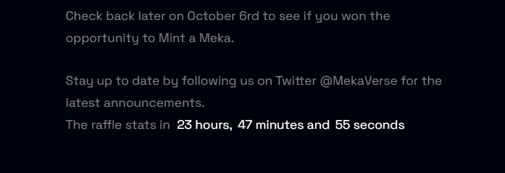 rorschachNFT's tweet photo. Can't wait to see the @MekaVerse Raffle "stats" on October 6rd! #NFT https://t.co/A5uwtruSXQ