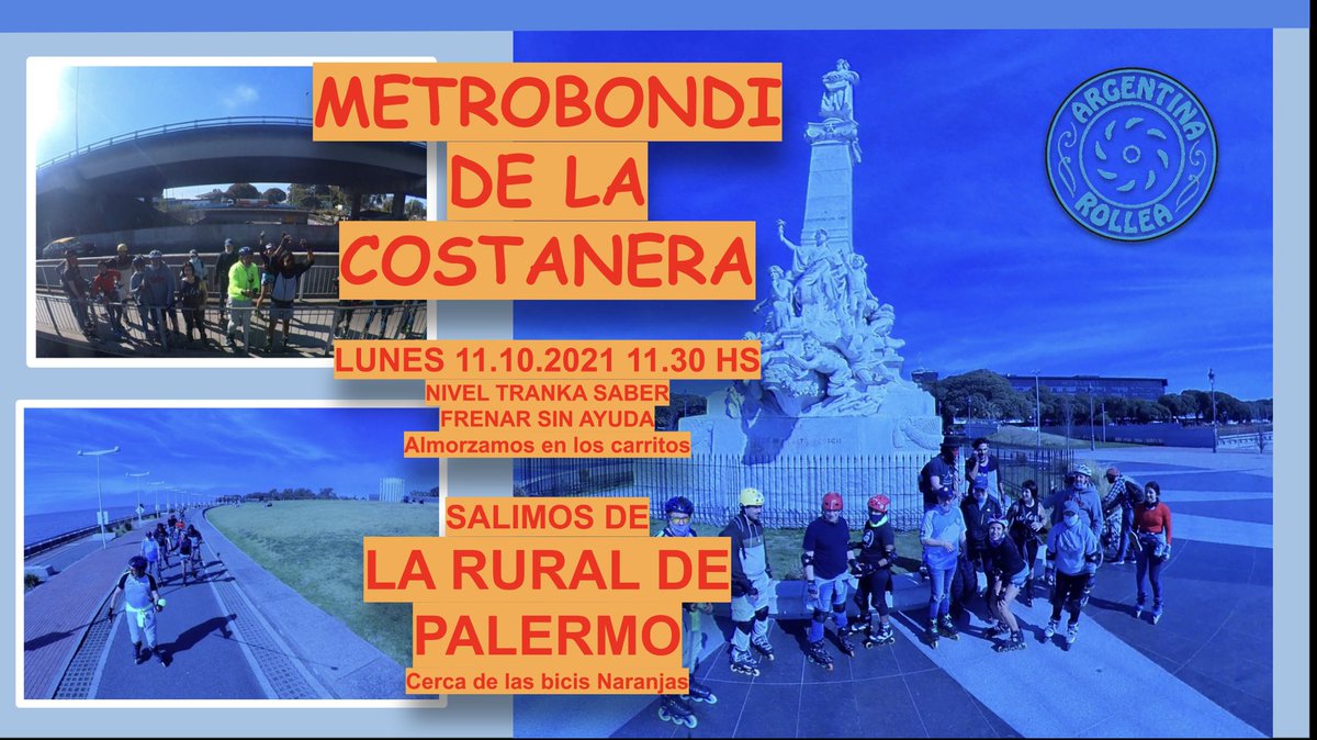 TioHuber's tweet photo. Paseo de feriado en rollers. No carrera sólo paseo grupal coordinado. Almorzamos a mitad de camino. 
Necesario saber frenar bien sin ayuda. 
¡Casco y protecciones por favor!
Encuentro en La Rural de Palermo de Buenos Aires detrás de las bicicletas anaranjadas. https://t.co/Vzj5gG8NRT