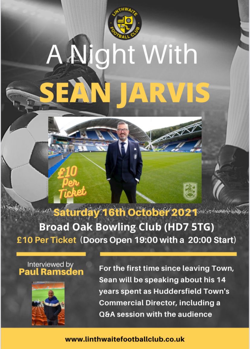 linthwaitejfc's tweet photo. People of Twitter…. who would like to attend our evening with the lovely @SeanMJarvis as he details his time at @htafc? To purchase tickets, please visit https://t.co/OYQBsqZWtP https://t.co/sjWtBZ52SG