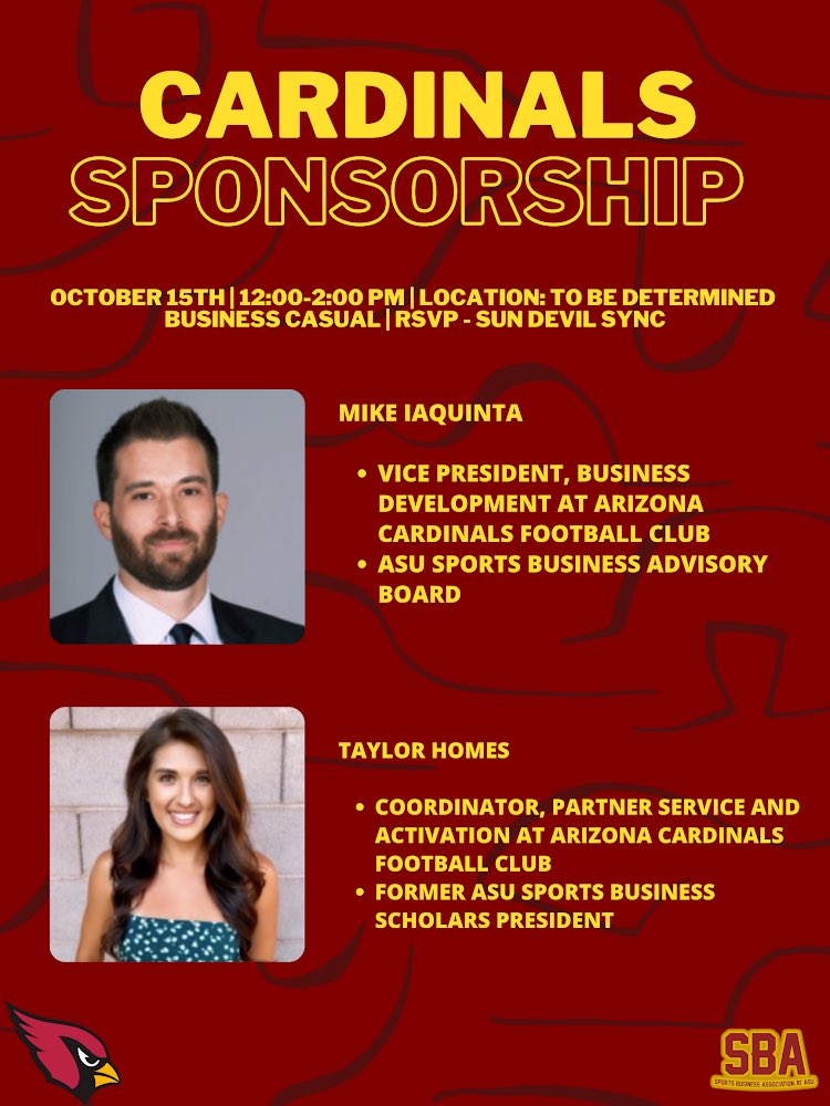 SBAatASU's tweet photo. ‼️Our next event is coming up soon‼️

There are only 36 slots left so make sure to RSVP through sundevilsync asap!

Our two guest speakers will walk us through what a sponsorship looks like from beginning to end, including a contract all the way to the activation in the stadium. https://t.co/kGp3iKTrHh