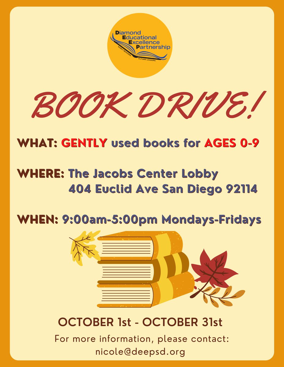 DEEPSanDiego's tweet photo. DEEP is hosting a Book Drive! Help us spread the word by sharing this opportunity with your networks. Thank you for your support in helping us accelerate learning! 📚 #DEEPSD #BookDrive #Read2Kids #givingback #changemakers #nonprofit #thankyou #earlyreaders #futureleaders #books https://t.co/EhoXs0MPY9