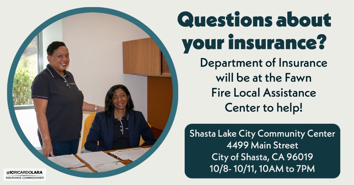 CDInews's tweet photo. Attention #FawnFire Survivors!
Department of Insurance staff will be onsite at the are Local Assistance Center starting Friday, 10/8, through Monday, 10/11, to answer your #insurance questions & help better understand your coverage.
More info: https://t.co/3wdrGJazoH https://t.co/fFYAcQQv1z