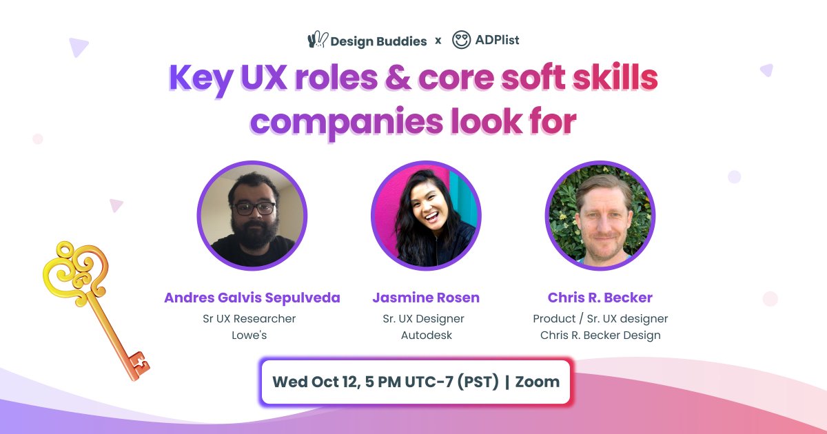 Join us for Key UX roles &amp; core soft skills companies look for (Wed Oct 12, 5 pm UTC-7 (PST)) with our speakers <a href="/Galvis_/">Andrés Galvis</a>, <a href="/jasminenrosen/">Jasmine Rosen</a>, Chris, and <a href="/ADPList/">ADPList</a>!  

🎉RSVP &amp; see this in your timezone: lu.ma/ux