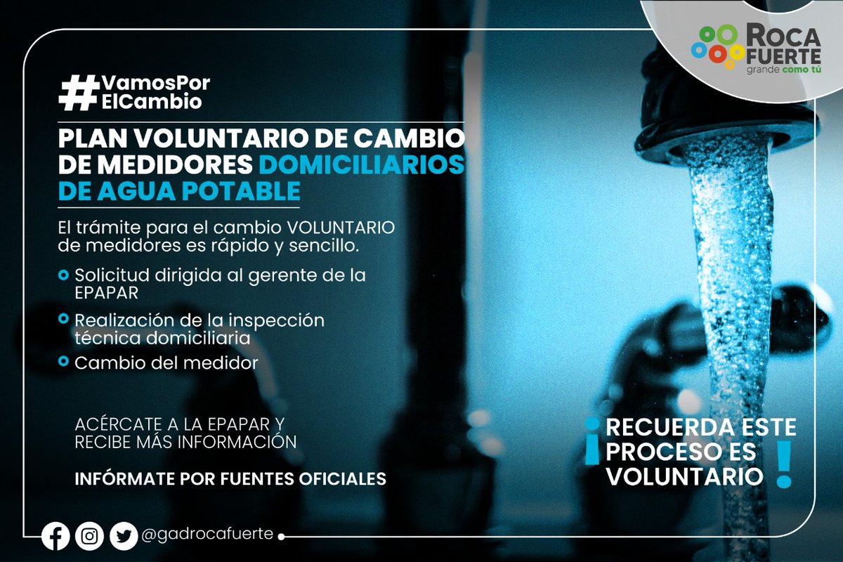 GADRocafuerte's tweet photo. Con el fin de cuidar el bolsillo del usuario, la #EPAPAR promueve el cambio VOLUNTARIO de los medidores domiciliarios. Usted podrá realizar el trámite de lunes a viernes, de 08:00 a 17:00 en las oficinas de la empresa. 

#VamosPorElCambio https://t.co/DitJyZvNWT