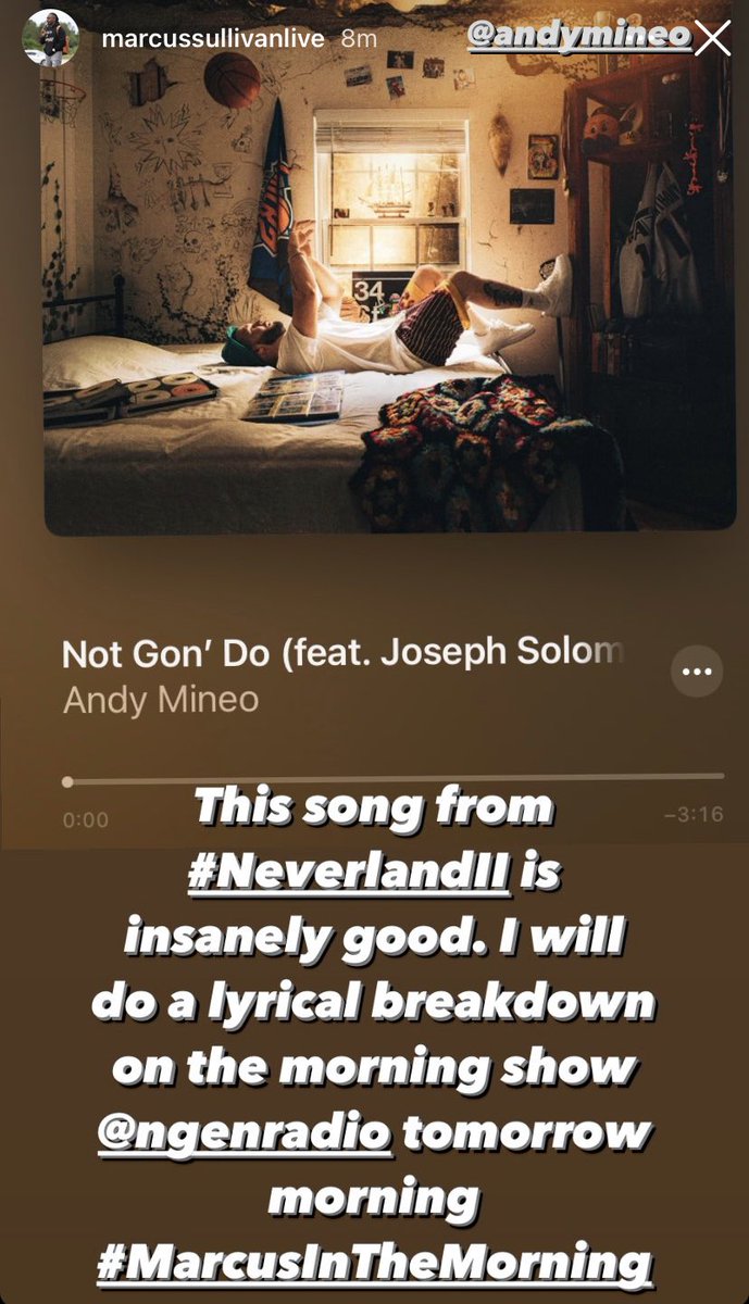 MarcusESullivan's tweet photo. I will do an album breakdown on the morning show tomorrow @NGENradio of @AndyMineo new project #NeverlandII
@Jackieoandco this project is 💣 https://t.co/E0pPT1qomX