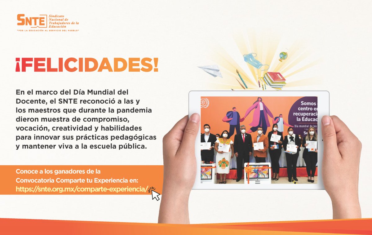 45SNTE's tweet photo. #TodosSomosUno 🙋‍♂️

‼️FELICIDADES‼️
#OrgulloSNTE los participantes en "Comparte tu experiencia", en la que maestros #SNTE 🍎📚 de todo el país participaron con trabajos de innovación en la práctica docente ante la #COVID19 🦠 

Lista completa de ganadores👇
https://t.co/BOfCIdJuPT https://t.co/YdUTju5VaI