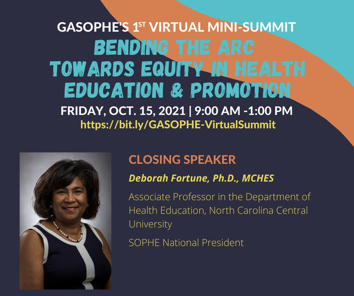 GA_SOPHE's tweet photo. We are honored to have our closing speaker Deborah Fortune, our current President of @SOPHEtweets and we can’t wait to learn all about her strategies &amp; partnerships &amp; how we can begin to develop a plan to promote #healthequity.

Limited Tickets Available: https://t.co/E0HPX2YZ5z https://t.co/v5YYXL1LjL