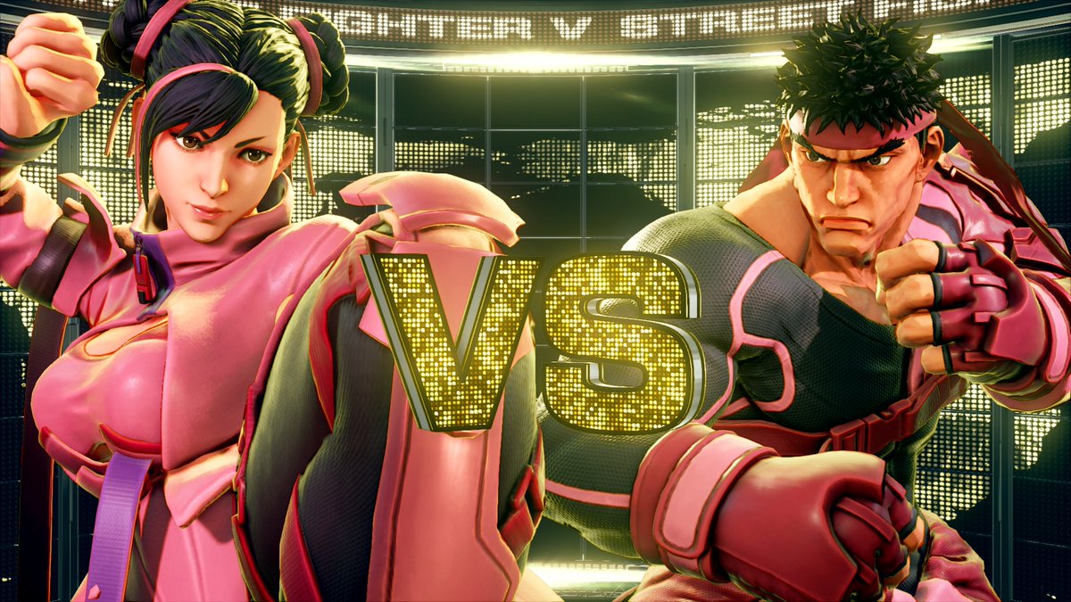 Chun-Li and Ryu decked out in their pink costumes on the VS screen