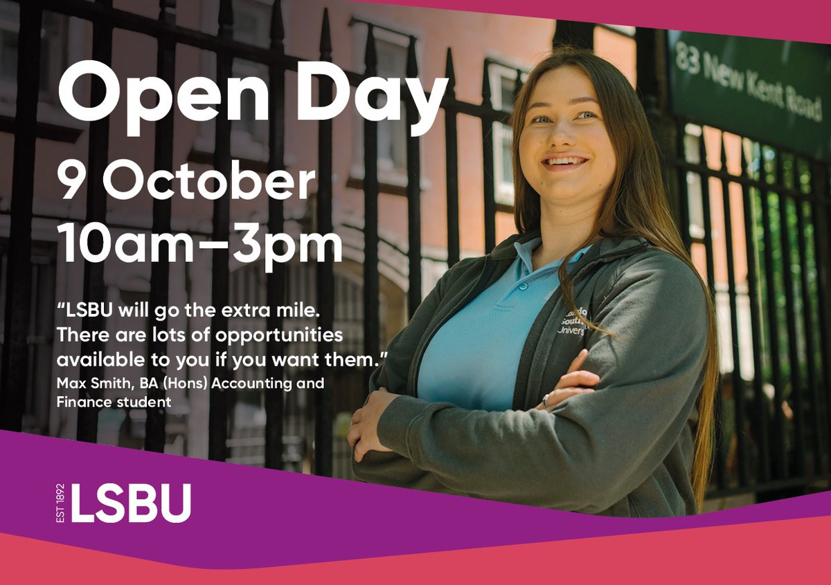 LSBU's tweet photo. Help us empower you for the real world. Attend our Open Day on 9 October and meet our aspiring alumni, attend welcome talks, subject led presentations and chat to our academics one-to-one. #OpenDay #RiseWithLSBU
Register now and don’t miss out. https://t.co/Sixapmdd12 https://t.co/oYlcRyWz2K