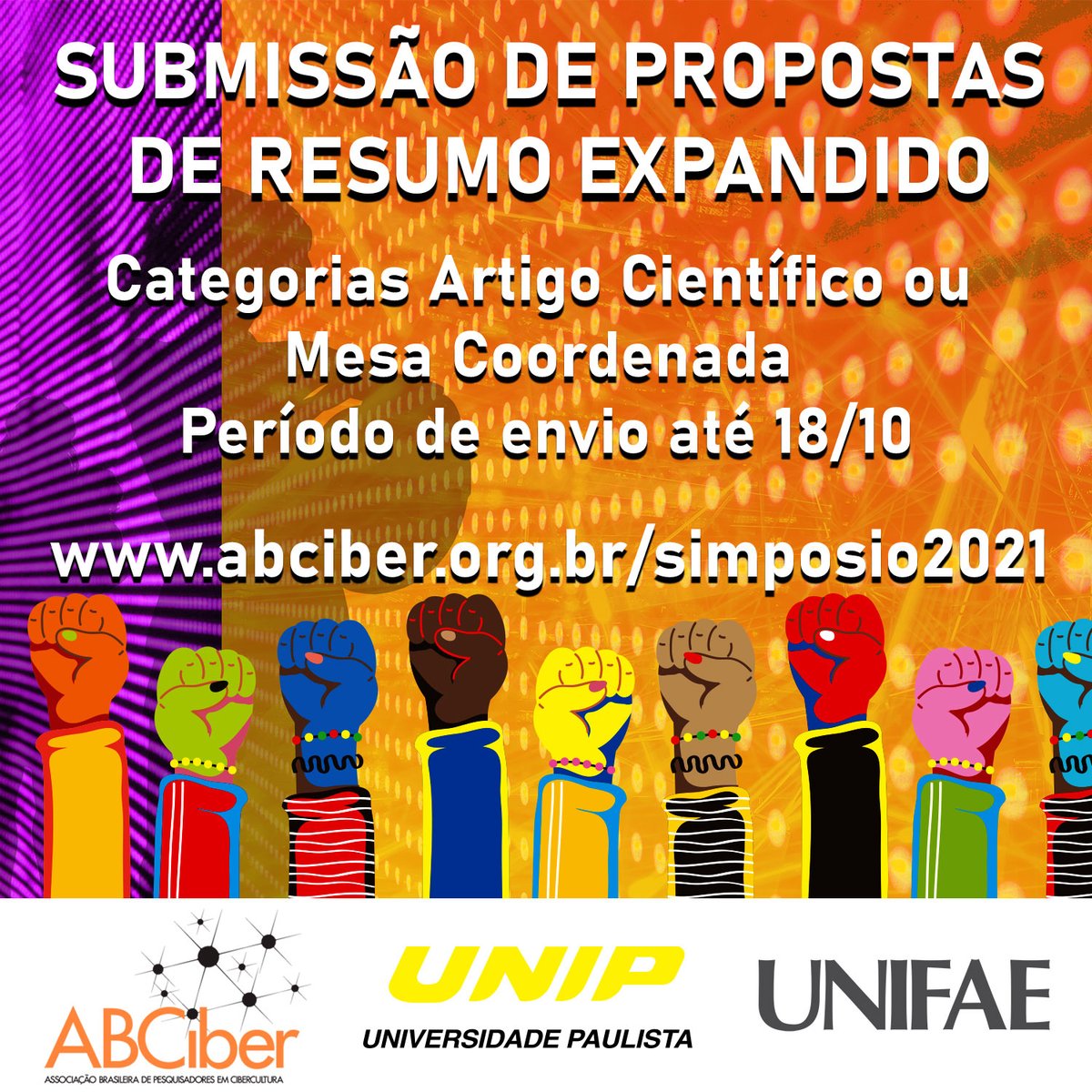 ABCiber's tweet photo. Chama aberta para submissão de resumos expandidos para o XIV Simpósio Nacional da ABCiber. O prazo é até 18/10, envio pelo site: https://t.co/inR0fvKHqd

#abciber #abciber2021 #abciberXIV #submissão https://t.co/XDHoubHtBo