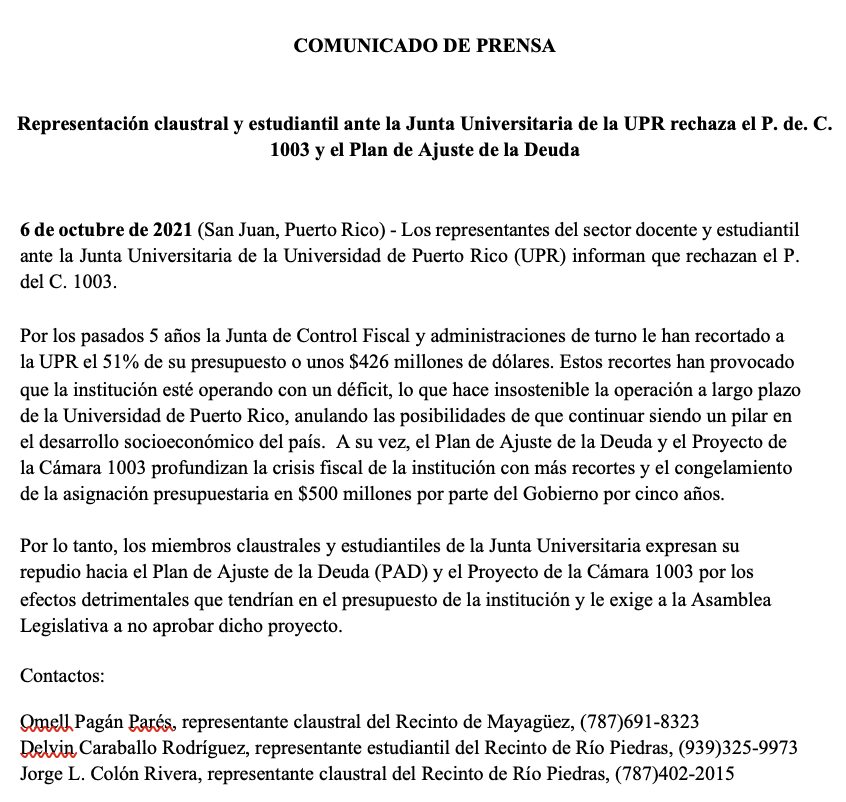 Representación claustral y estudiantil ante la Junta Universitaria de la UPR rechaza el P. de. C. 1003 y el Plan de Ajuste de la Deuda. <a href="/cgeuprrp/">CGE-UPRRP</a> <a href="/CgeUprag/">CGE UPRAg</a> <a href="/cgeuprp/">CGE UPR Ponce</a> <a href="/CGERCM/">CGE RCM</a> <a href="/CGEUPRHumacao/">Consejo General de Estudiantes UPR Humacao</a> <a href="/UPRA_CGE/">CGE-UPRA</a> <a href="/CGEUPRCa/">CGE UPR Carolina</a> <a href="/CGE_UPRB/">Consejo General de Estudiantes, Recinto de Bayamón</a> <a href="/cgeupru/">CGE-UPRU</a> <a href="/EstudiantesJU/">Caucus Estudiantil JU</a> <a href="/EstudiantilesDe/">Representantes Estudiantiles de la Junta Gobierno</a> <a href="/ClaustralDe/">Representación Claustral-Junta de Gobierno UPR</a>