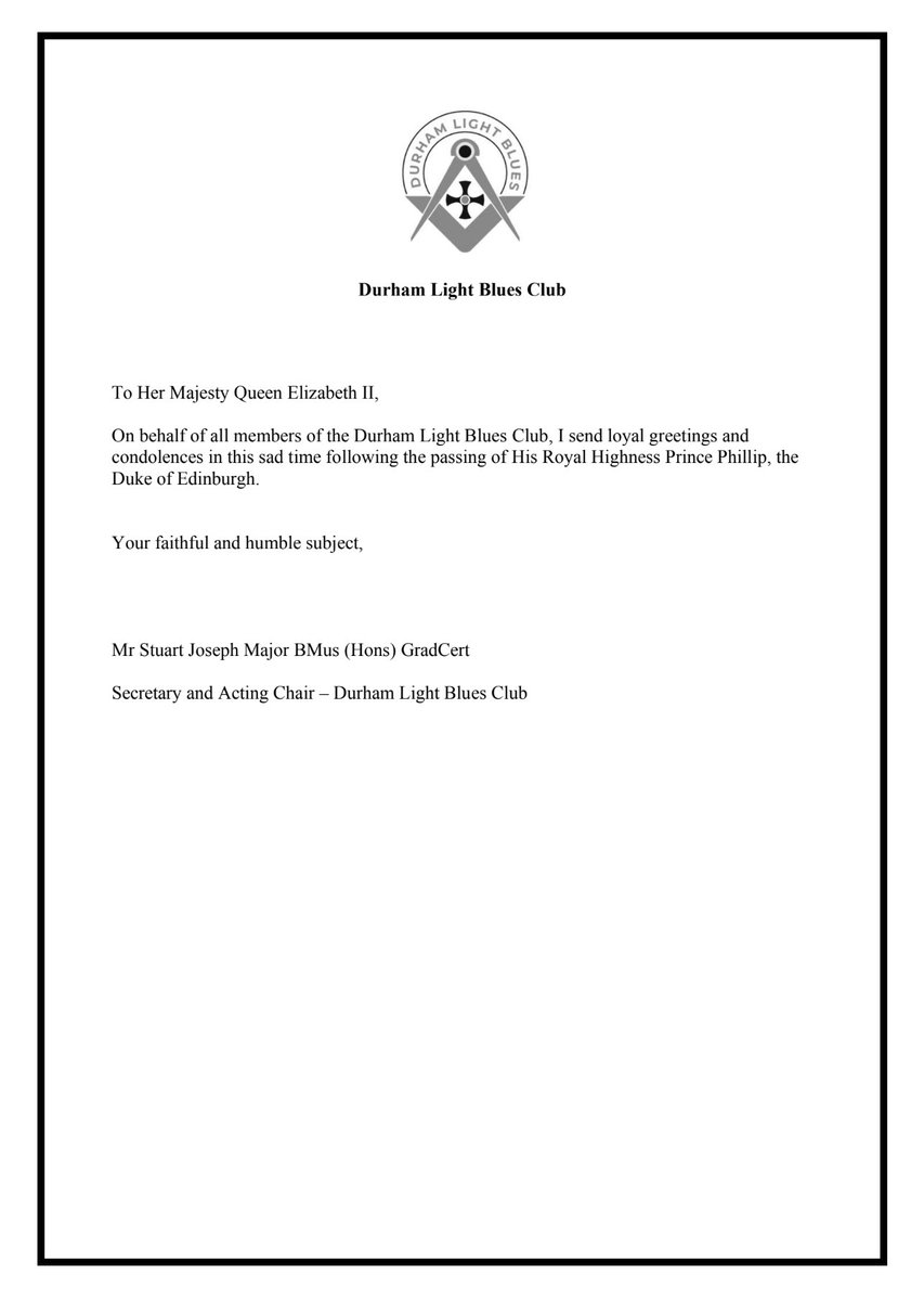 On the 16th April 2021 the DLB sent a letter of Loyal Greetings and Condolences to Her Majesty Queen Elizabeth II on the sad passing of The Duke of Edinburgh. Today we have received a letter in response from Buckingham Palace at Her Majesty’s Command <a href="/UGLE_GrandLodge/">United Grand Lodge of England</a> <a href="/PGLDurham/">Durham Freemasons</a>