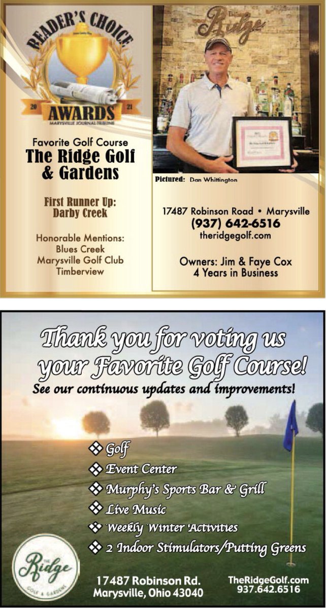 TheRidgeGolf's tweet photo. @TIM_MAYsports @paulspohn10tv Just got this award - thanks for helping us get the word out about the course! https://t.co/XtUF4ZTOOz