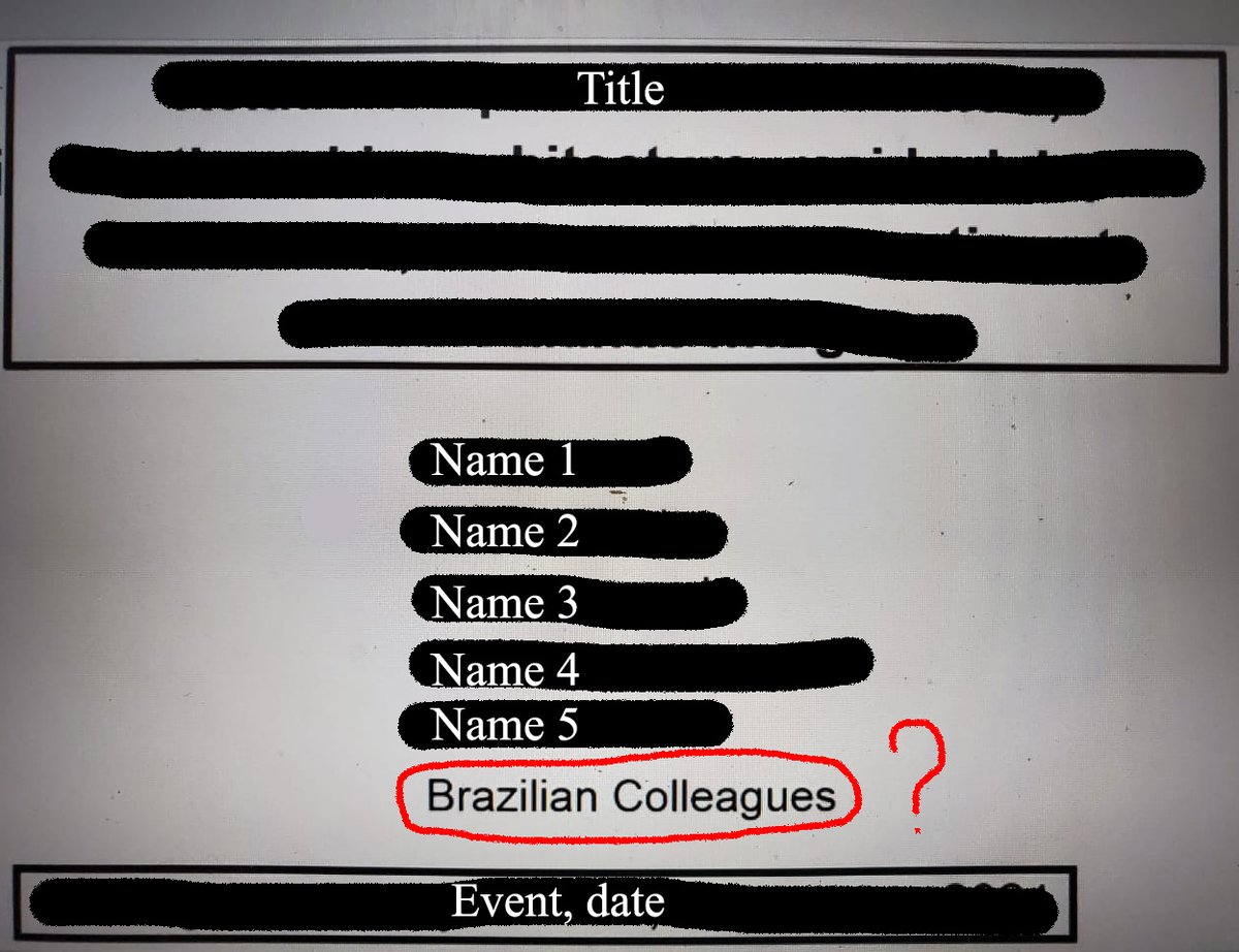 flaviapetean's tweet photo. Let's talk about colonialism in Science? 
There was a conference on South Atlantic that was held in England (!) and the speaker mentioned his colleagues by name but included the Brazilians as "Brazilian Colleagues". 
Do I need to draw it or is it clear enough? https://t.co/I8ZMhW5Nsh