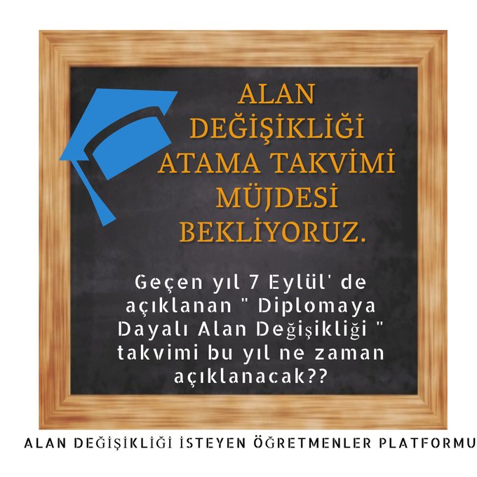 aslı (@aslihanezgi) on Twitter photo MebSıraAlan Degisikliginde
Diplomaya dayalı alan değişikliği ne zaman yapılacak? Sıra biz de, müjdeyi bekliyoruz
<a href="/fehmirasimcelik/">Fehmi Rasim Çelik</a>
@demiiryakup <a href="/aebilgili/">Ahmet Emre Bilgili</a> <a href="/talatyavuz29/">Talat YAVUZ</a> <a href="/_aliyalcin_/">Ali YALÇIN</a> <a href="/TalipGeylan06/">Talip Geylan</a> @mebpersonelCom <a href="/tcmeb/">Millî Eğitim Bakanlığı</a> <a href="/mebpgm/">Personel Genel Müdürlüğü</a> <a href="/AtillaOLCUM/">Atilla OLÇUM</a> MebSıraAlan Degisikliginde
Diplomaya dayalı alan değişikliği ne zaman yapılacak? Sıra biz de, müjdeyi bekliyoruz
<a href="/fehmirasimcelik/">Fehmi Rasim Çelik</a>
@demiiryakup <a href="/aebilgili/">Ahmet Emre Bilgili</a> <a href="/talatyavuz29/">Talat YAVUZ</a> <a href="/_aliyalcin_/">Ali YALÇIN</a> <a href="/TalipGeylan06/">Talip Geylan</a> @mebpersonelCom <a href="/tcmeb/">Millî Eğitim Bakanlığı</a> <a href="/mebpgm/">Personel Genel Müdürlüğü</a> <a href="/AtillaOLCUM/">Atilla OLÇUM</a>