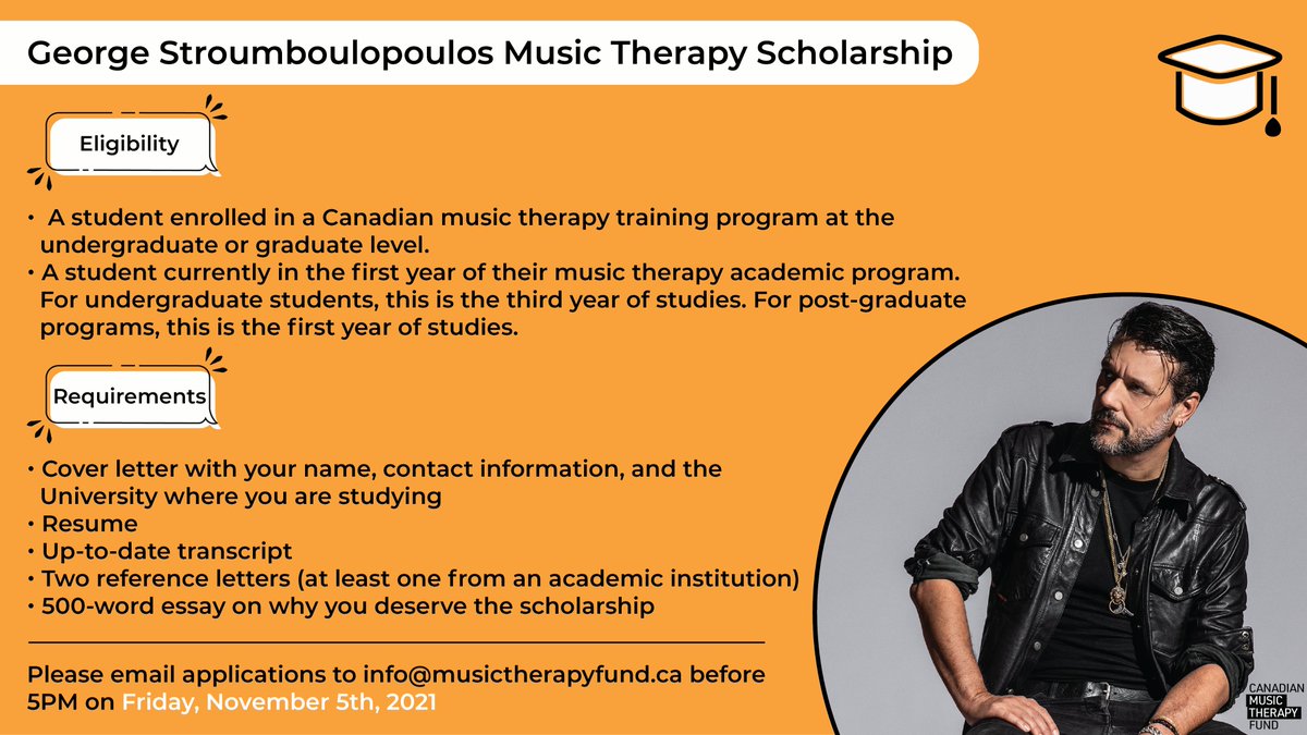 cdnmusictherapy's tweet photo. We are excited to be accepting applications for the George Stroumboulopoulos Scholarship again. The scholarship is generously funded by @strombo. You have until November 5th, 2021, to submit your application. Check out https://t.co/VHlh1S8hkq for more information! https://t.co/wWfywnAPOl