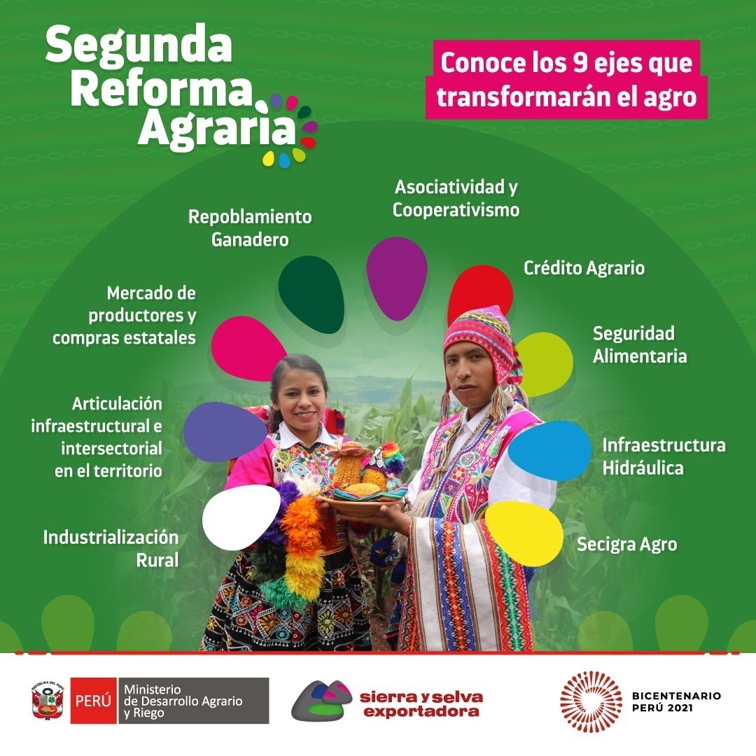 🔰 #SegundaReformaAgraria
📌La segunda reforma agraria es una política de gobierno proyectada sin expropiaciones ni confiscaciones, y busca orientar las políticas públicas en favor del desarrollo de la agricultura familiar y cooperativas agrarias.