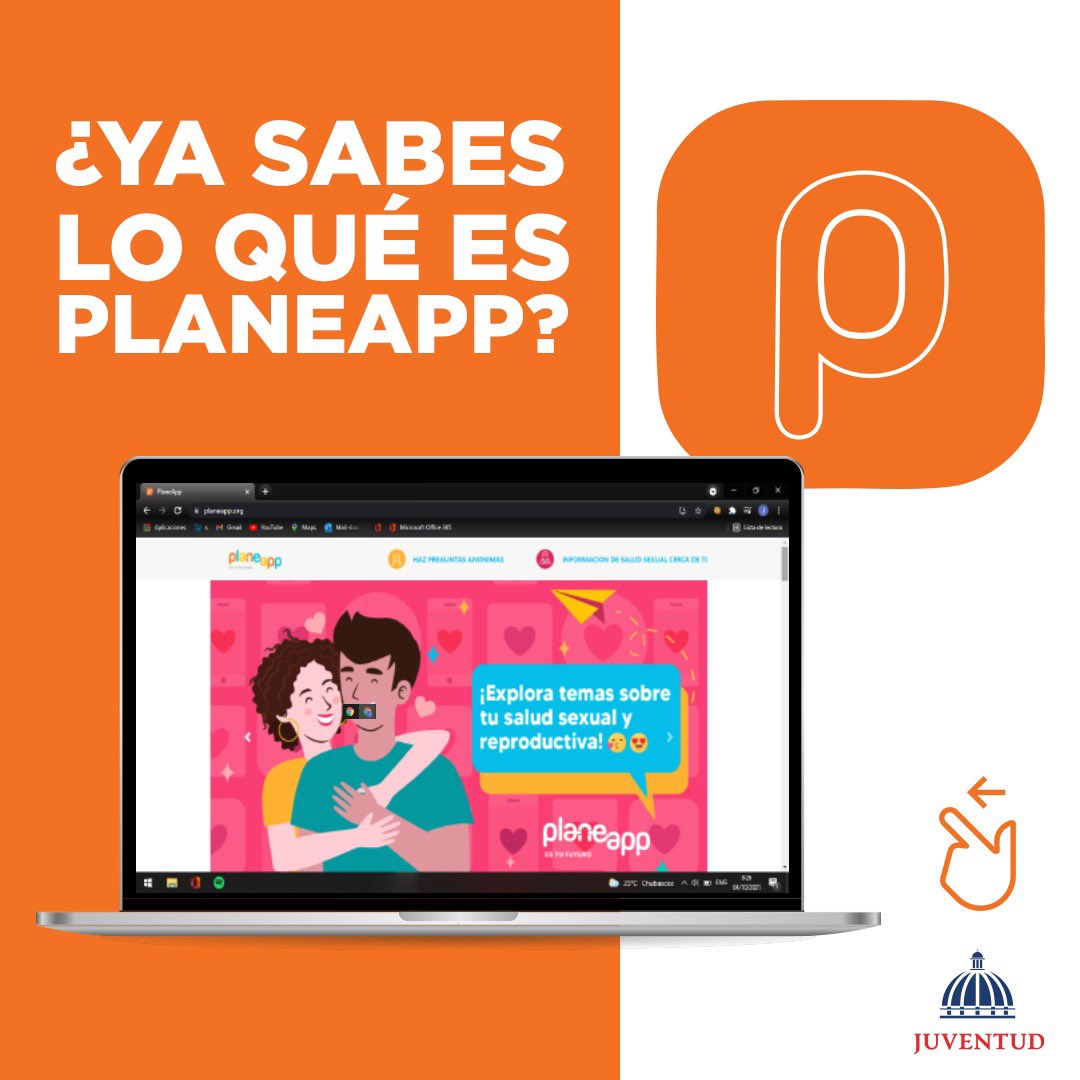 JuventudRD's tweet photo. 𝐉𝐨́𝐯𝐞𝐧𝐞𝐬 𝐝𝐨𝐦𝐢𝐧𝐢𝐜𝐚𝐧𝐨𝐬 👫

Les presentamos #𝐏𝐥𝐚𝐧𝐞𝐚𝐩𝐩, una plataforma 💻📱 donde podrán recibir información y aclarar dudas sobre temas de bienestar, salud, educación sexual y derechos, de forma anónima. 

#MinisteriodelaJuventud https://t.co/O4Ve8F5W7z