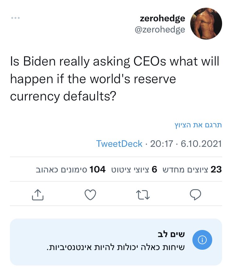BNNIYU's tweet photo. @zerohedge Following you from israel. Twitter attached warning notification to your tweet in Hebrew. “Such conversations can be intense״. You probably crossed the Principles of Newspeak.. https://t.co/4tm5Qq1QMf
