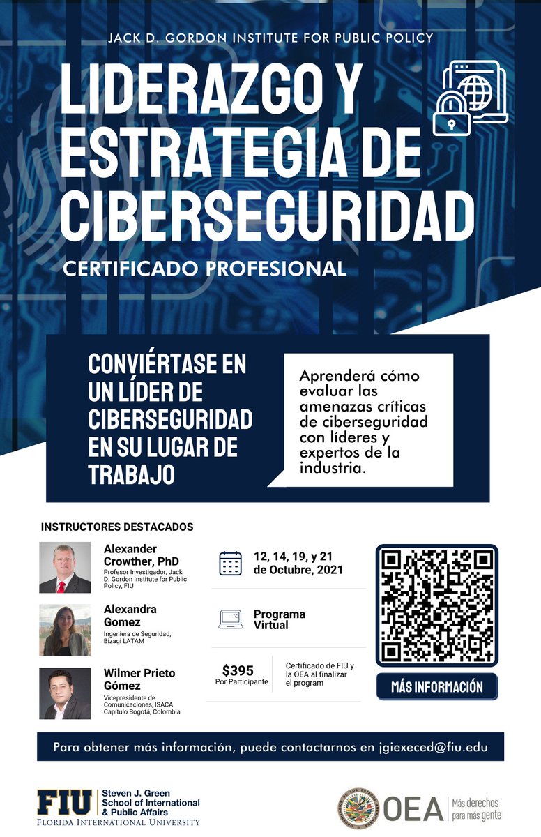 crislagier's tweet photo. En el #MesDeLaCiberseguridad los profesionales del sector público y privado pueden acceder a las mejores prácticas sobre estructuras organizativas, procesos operativos y consideraciones legales en la prevención y gestión de la #ciberseguridad
¡Los esperamos!#ProgramaProfesional https://t.co/pLhNNWNrVQ