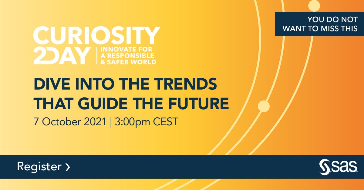 SAS_Netherlands's tweet photo. Last chance to register for #SAS #Curiosity2Day tomorrow at 3.00 pm. Experts, thought leaders &amp; innovators dive into the trends that guide the future. Online, in just 70 minutes. Registration is free: https://t.co/TiTjY8tCw1 

#AI #analytics #data #virtualevent #SASCuriosity2Day https://t.co/GLHKrKb1Db