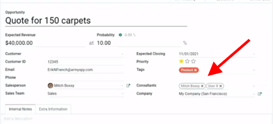 Odoo's tweet photo. You can now use many2many to choose more than one responsible on an opportunity or a task, for example. #OdooExperience https://t.co/cPaXaoLons