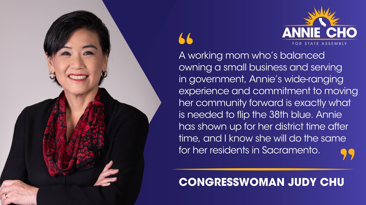 AnnieChoforCA's tweet photo. Like many of you, I’m grateful to Congresswoman Judy Chu for her heroic work on the Women’s Health Protection Act, #StopAsianHate and all she’s accomplished for us in the People’s House. Today, I’m proud to announce she’s endorsed our campaign! https://t.co/jcHoOG9pYV