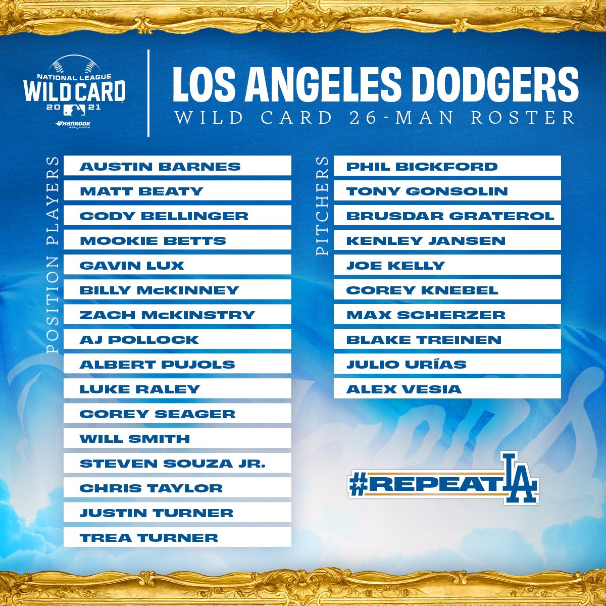Los Angeles Dodgers on X: Here is your 26-man roster for the Wild Card.  #RepeatLA  / X