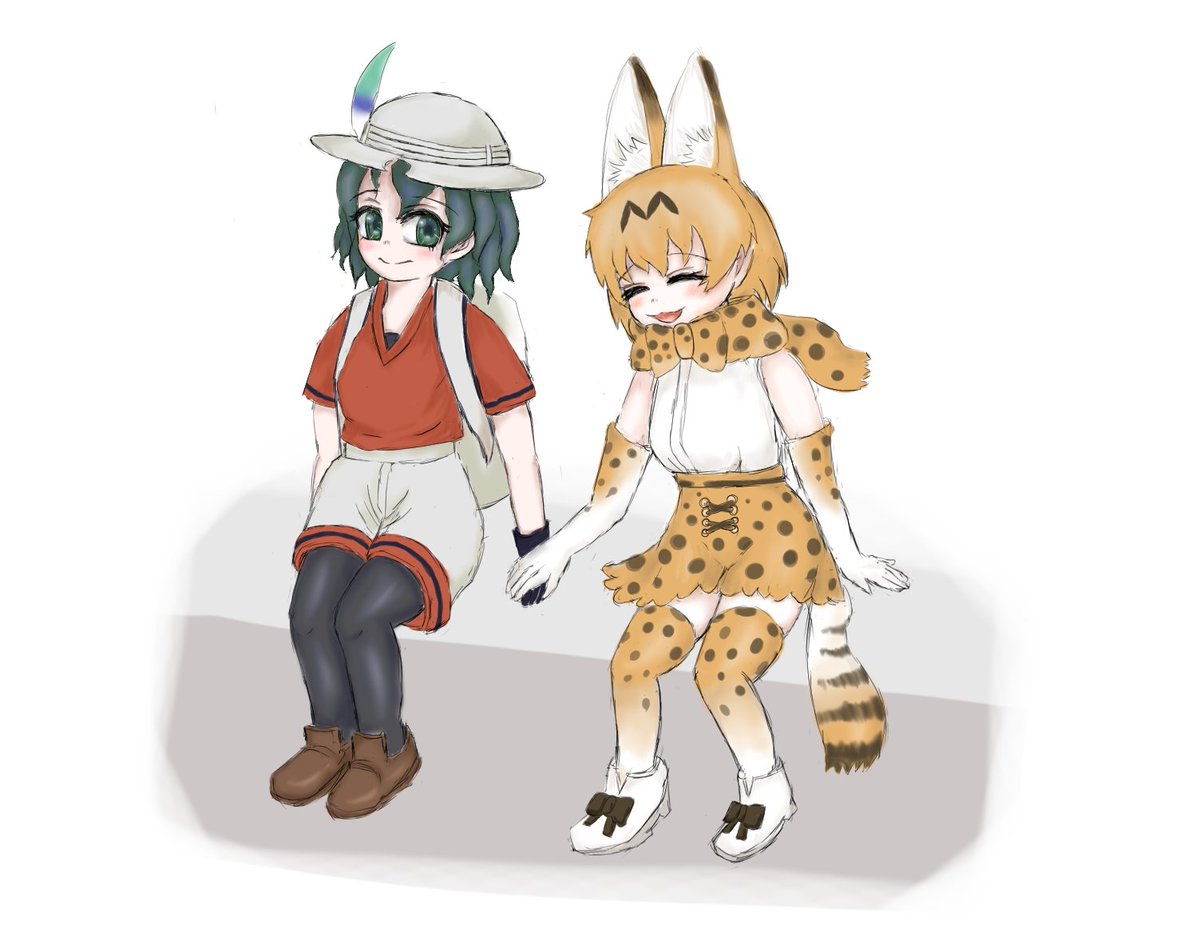 kaban (kemono friends) ,serval (kemono friends) multiple girls 2girls animal ears tail serval print gloves pantyhose  illustration images