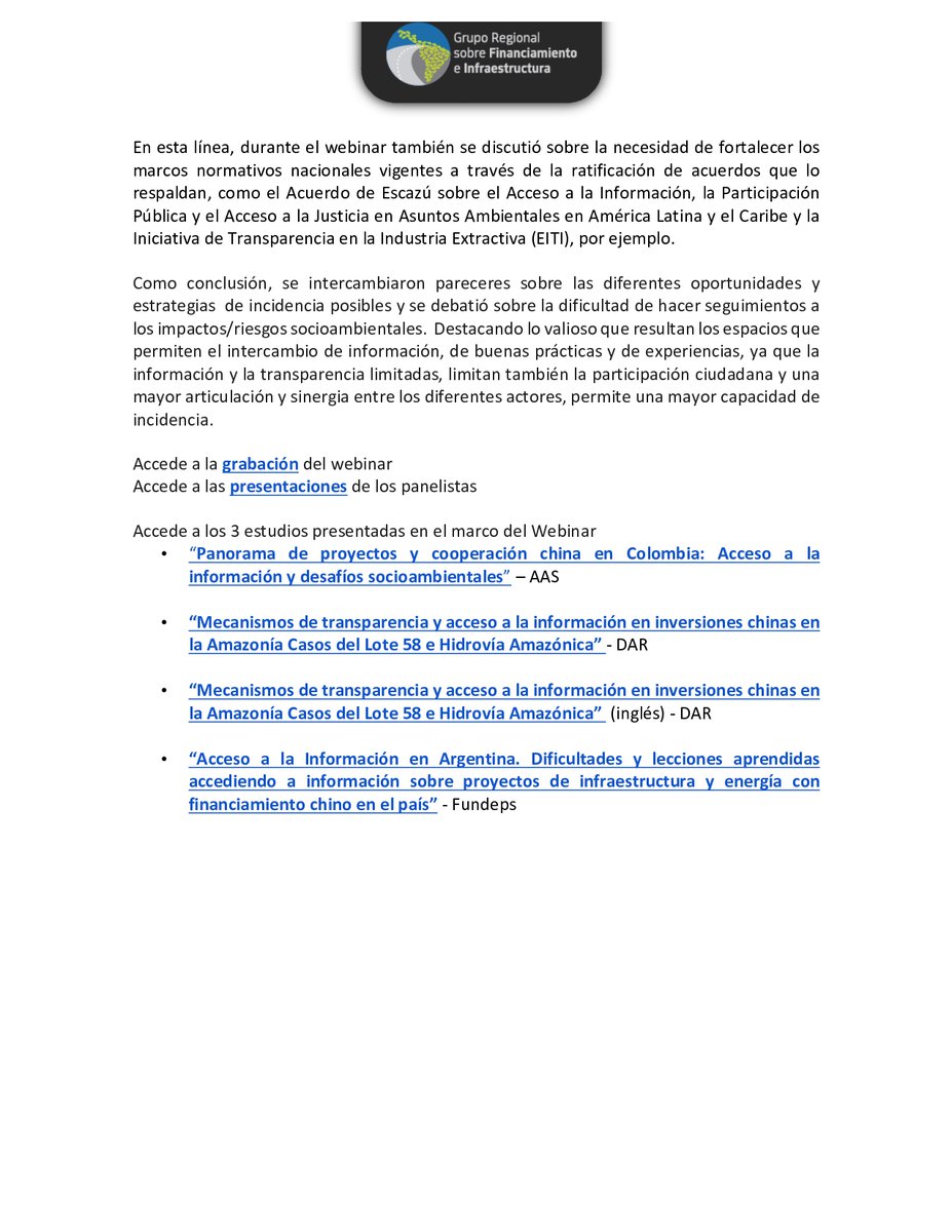 grefiLAC's tweet photo. El  30 de septiembre, se realizó el webinar “Transparencia socioambiental en América Latina: Retos y desafíos para acceder a información sobre inversiones chinas en la región”.
 
Conoce aquí los puntos claves de este conversatorio.

#Comunicado 👉https://t.co/u96nbzR7m1 https://t.co/BknbPWm8Ql