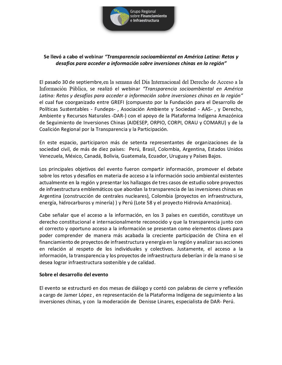 grefiLAC's tweet photo. El  30 de septiembre, se realizó el webinar “Transparencia socioambiental en América Latina: Retos y desafíos para acceder a información sobre inversiones chinas en la región”.
 
Conoce aquí los puntos claves de este conversatorio.

#Comunicado 👉https://t.co/u96nbzR7m1 https://t.co/BknbPWm8Ql