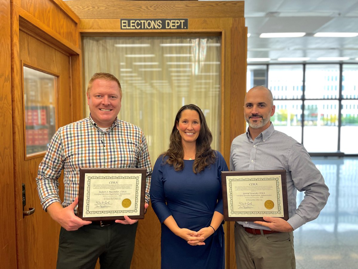 KentCountyClerk's tweet photo. Congratulations to @KentCountyMI Election Officials - @robmacomber, Chief Deputy Clerk; and Gerrid Uzarski, Elections Director on being designated as Certified Elections/Registration Administrators (CERA), the highest professional achievement for election officials in the U.S.! https://t.co/HniU8opSG8