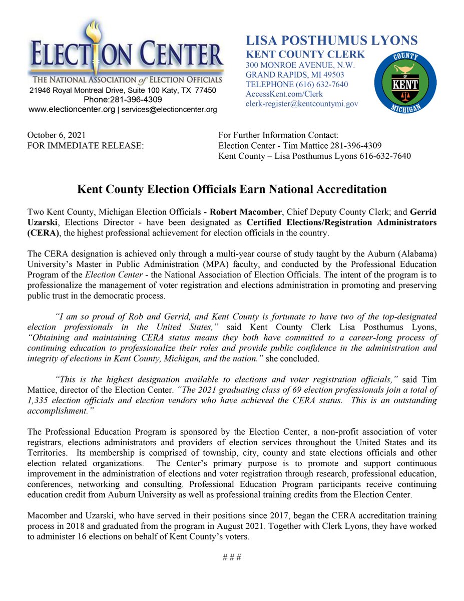 KentCountyClerk's tweet photo. Congratulations to @KentCountyMI Election Officials - @robmacomber, Chief Deputy Clerk; and Gerrid Uzarski, Elections Director on being designated as Certified Elections/Registration Administrators (CERA), the highest professional achievement for election officials in the U.S.! https://t.co/HniU8opSG8