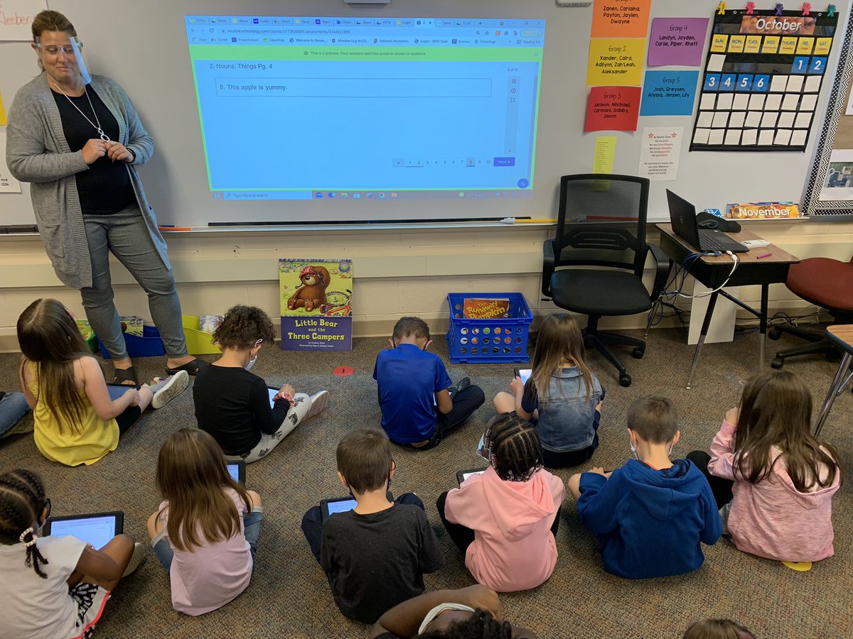 SpradMCS's tweet photo. @MrsStout_NV rocks @Schoology assessment tool and @PearDeck with some of our littlest learners. What a great digital leader for younger grades! @NorthView_MCS @MuncieSchools https://t.co/UB09gLyfJw