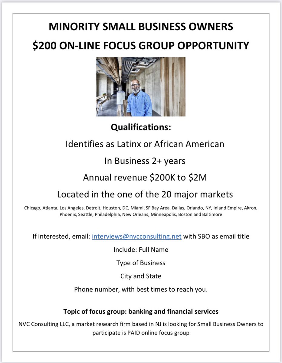 nisheaclark's tweet photo. PAID market research focus group for minority small business owners on business financial services. #BlackOwnedBusiness #hispanicownedbusiness #marketresearch https://t.co/G7imOI5Uln