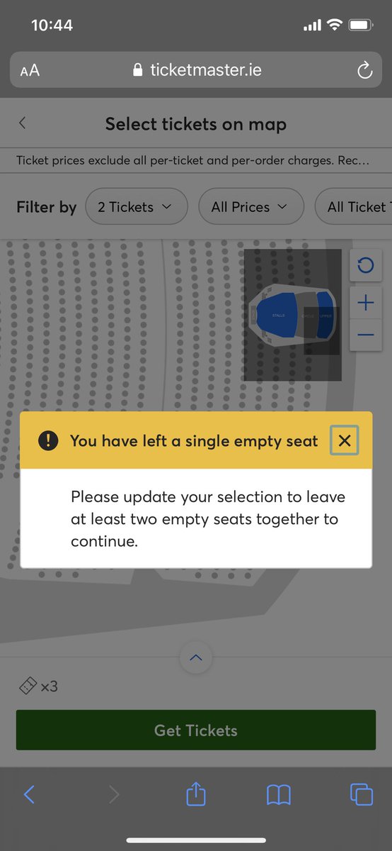 Aoife0712's tweet photo. Hey @TicketmasterIre, why is this policy in place at @BGETheatre for shows in December when the restrictions will be lifted? After October 22nd, will more seats become available? 🤔 https://t.co/sVlcY9MmyS