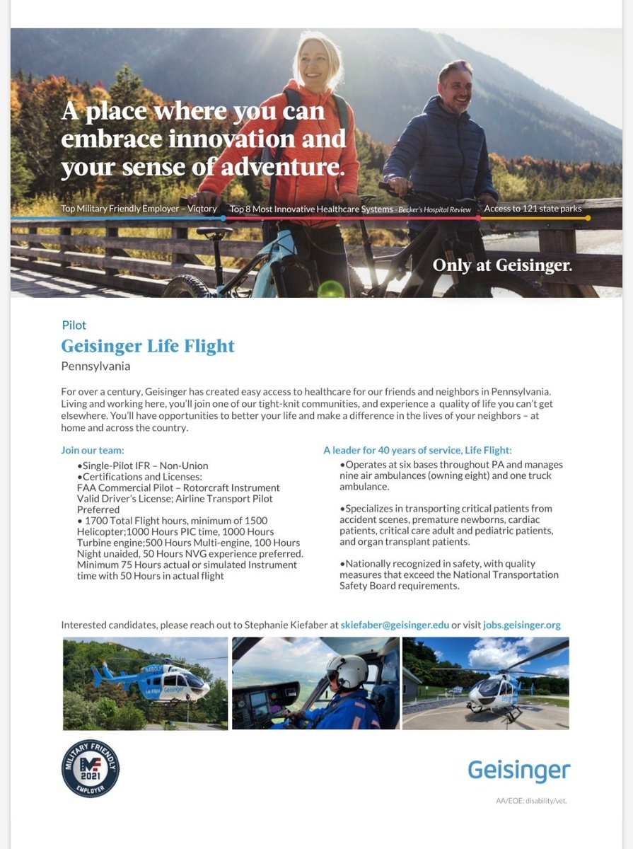 Now hiring Single-Pilot  IFR at Geisinger Life Flight.  Visit job.geisinger.org.