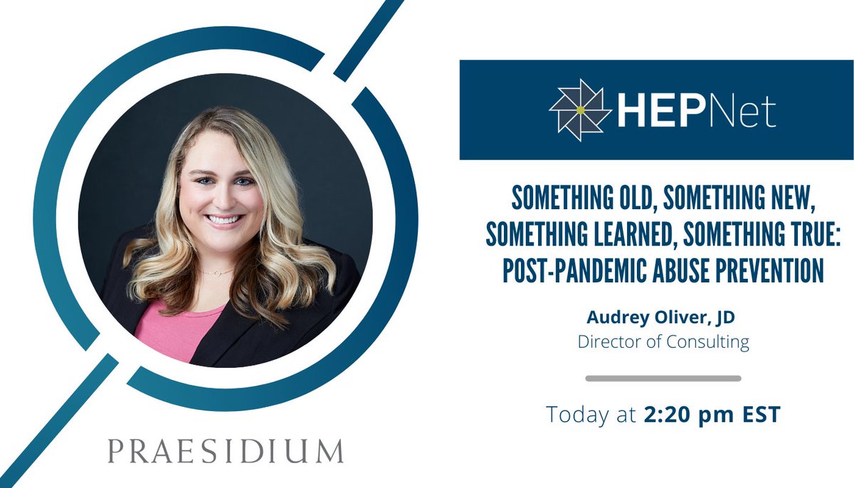 PraesidiumInc's tweet image. Join Audrey Oliver, #Praesidium’s Director of Consulting, at the 2021 #HEPNet Virtual Conference for “Something Old, Something New, Something Learned, Something True: Post-Pandemic Abuse Prevention” at 2:20 pm EST: bit.ly/3BeZyEp

#TogetherHEPNet
#HEPNet2021