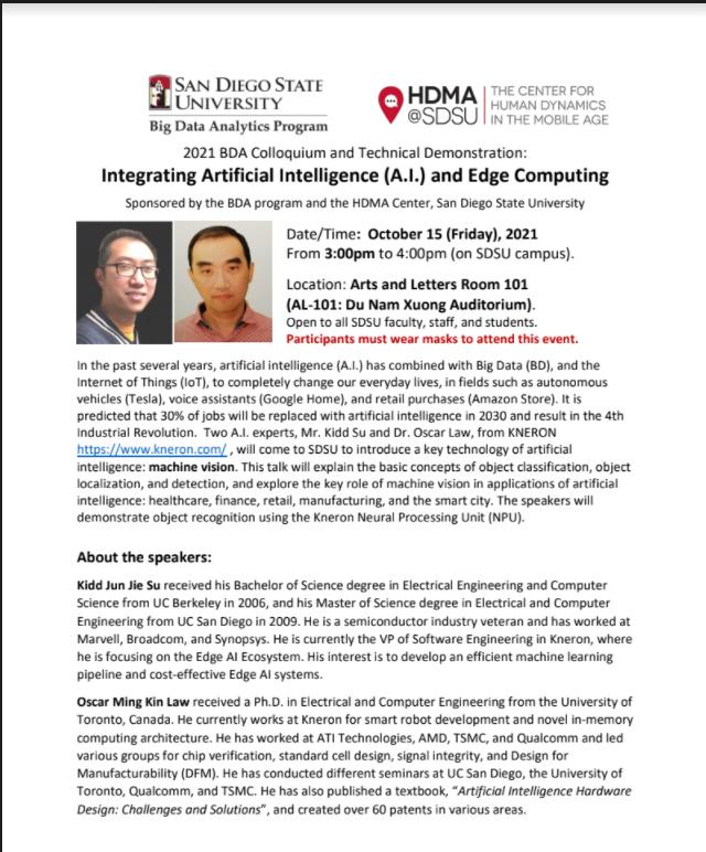 hdma_sdsu's tweet photo. Our Center &amp; the Big Data Analytics Program will host a colloquium and technical demonstration event on October 15 (Friday) from 3pm to 4pm at the Arts and Letters Room 101 (Du Nam Xuong Auditorium).  This event is open and free to all SDSU faculty, staff, and students.(1/2) https://t.co/uwuL0hcPZ0