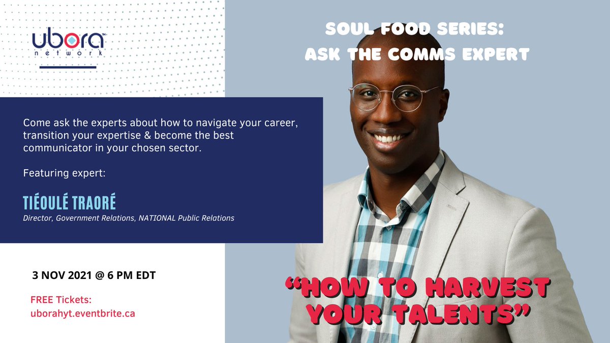 theuboranetwork's tweet photo. Aren't you excited? We definitely are excited about the Soul Food Series: Ask The Comms Expert, featuring: @Tiéoulé Traoré, @NATIONALPR Wendy Vincent & Safiya Abbadi on Nov 3. Register today at https://t.co/HXPObAq4MD #Ubora #BlackComms #BlackPR #Harvesting #Talents https://t.co/KYLpiVLBNK