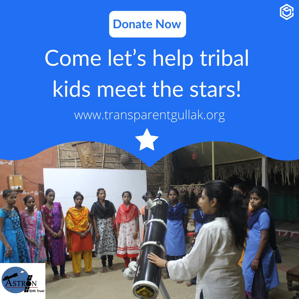 gullakaari's tweet photo. Let's unite together to support Astron SHK Trust to realize this vision to provide Astronomy Skill Training to Tribal Children using which they can also conduct star gazing camps with the provided equipment support.
Donate on our Transparent platform
https://t.co/IZZxNWSbVm https://t.co/NFdFBGwatC