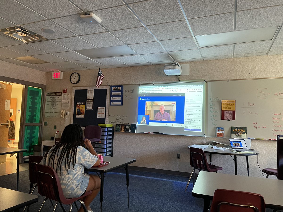 chaaven's tweet photo. Ss enjoyed listening to @rickriordan during their lunch today @southms_gf HT @Flipgrid @DisneyBooks Rick’s 3 Tips Today - Read More, Write More, Don’t give up #flipgrid #FlipgridEvents https://t.co/4seDXyOK84
