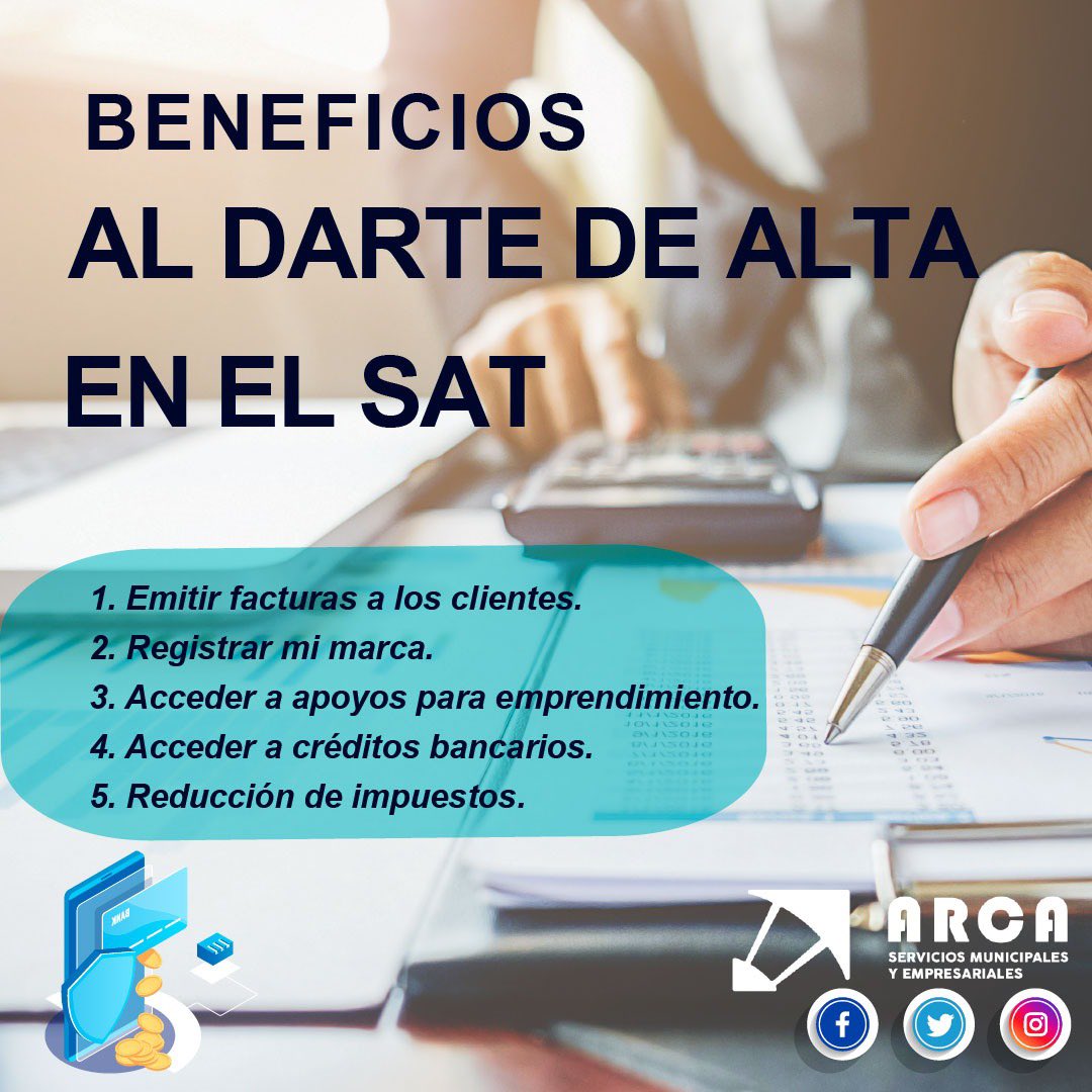 colectivo_ARCA's tweet photo. ¿𝗖𝗼𝗻𝗼𝗰𝗲𝘀 𝗹𝗼𝘀 𝗯𝗲𝗻𝗲𝗳𝗶𝗰𝗶𝗼𝘀 𝗮𝗹 𝗱𝗮𝗿𝘁𝗲 𝗱𝗲 𝗮𝗹𝘁𝗮 𝗲𝗻 𝗲𝗹 𝗦𝗔𝗧? 🧐

¡𝘊𝘰𝘯 𝘈𝘙𝘊𝘈 𝘵𝘶 𝘢𝘥𝘮𝘪𝘯𝘪𝘴𝘵𝘳𝘢𝘤𝘪ó𝘯 𝘴𝘦𝘳á 𝘥𝘦 𝘣𝘶𝘦𝘯𝘰𝘴 𝘳𝘦𝘴𝘶𝘭𝘵𝘢𝘥𝘰𝘴!

Comunícate con los expertos: 
📲 9513075117
#colectivoespecialistaarca https://t.co/zAdu2lAsn5