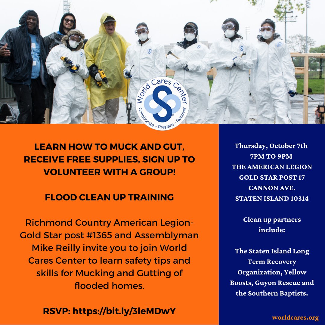WorldCares's tweet photo. FLOOD CLEAN UP TRAINING

Sign up to Volunteer with a group and receive free supplies!

Learn safety tips and skills for Mucking and Gutting of flooded homes tomorrow, Thursday, Oct 7 2021, from 7 PM to 9 PM.

Register here: https://t.co/dPNBaMShAH https://t.co/7LyHwRPvyV