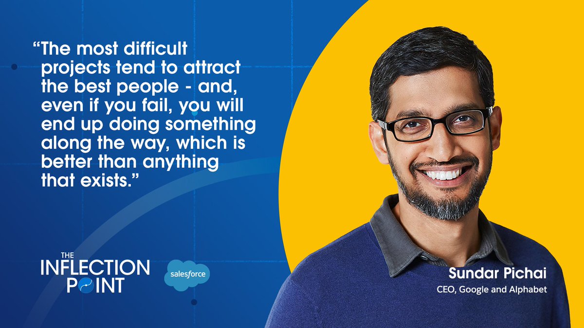 salesforce's tweet photo. He’s the understated CEO with an oversized influence on the world: @Google CEO @SundarPichai. 

Join @MonicaLangley with Sundar on #TheInflectionPoint. Stream now on Salesforce+: https://t.co/kKXchTnME6 https://t.co/tTYSEsqkFN